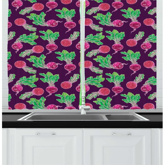 Ambesonne Green and Purple Kitchen Curtains, Cartoon Ripe Beets, 55"x45", Purple Green and Magenta