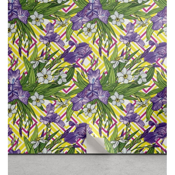 Ambesonne Green and Purple Peel & Stick Wallpaper for Home, Iris and Narcissus, 13"x72", Multicolor