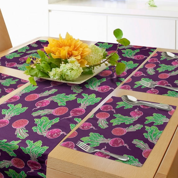 Ambesonne Green and Purple Table Runner & Placemats, Cartoon Ripe Beets, Placemat 4 pcs + Runner 16"x90", Purple Green and Magenta
