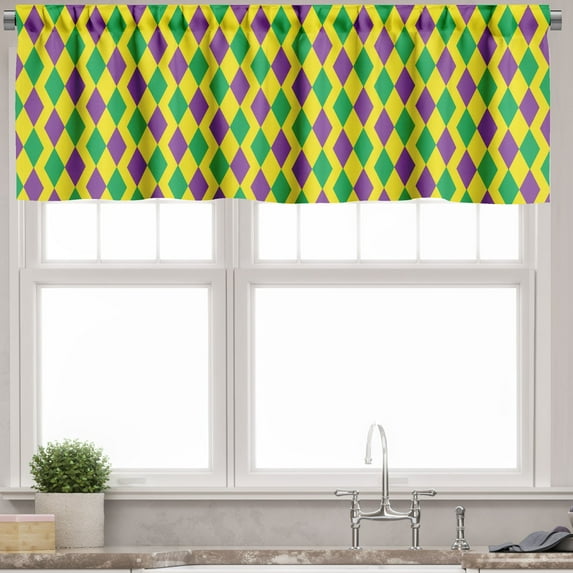 Ambesonne Green and Purple Valance Pack of 2, Mardi Gras Rhombs, 42"X18", Yellow Violet and Green