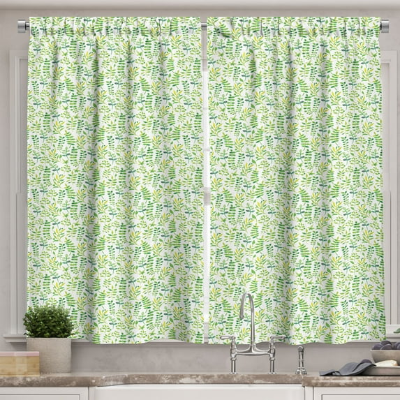 Ambesonne Green and White Kitchen Curtains, Watercolor Leaves, 55"x45", Yellow Green Lime Green