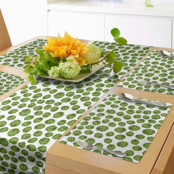 Ambesonne Green and White Table Runner & Placemats, Artichoke Pattern, Placemat 4 pcs + Runner 16"x72", White and Green