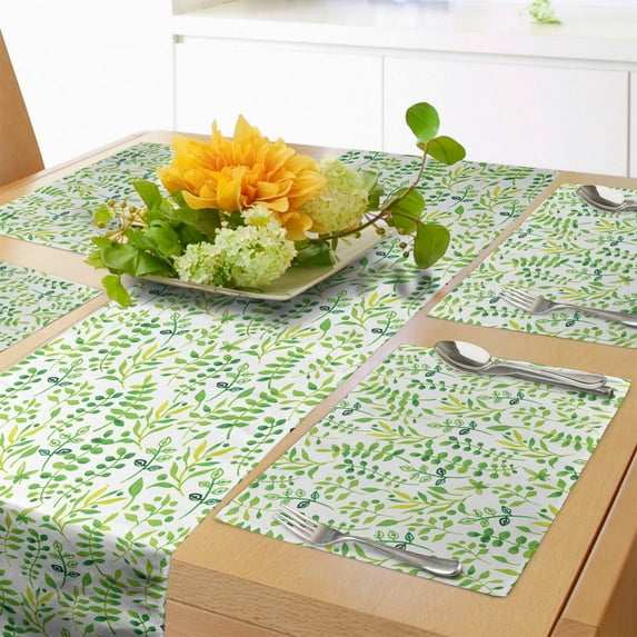 Ambesonne Green and White Table Runner & Placemats, Watercolor Leaves, Placemat 4 pcs + Runner 16"x90", Yellow Green Lime Green