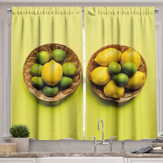 Ambesonne Green and Yellow Kitchen Curtains, Lemons and Limes, 55"x24", Amber Mustard