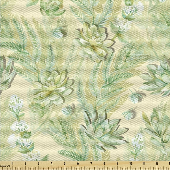 Ambesonne Greenery Fabric by the Yard Upholstery, Lotus and Fern Leaves Art, 2 Yards, Peacock Green Fern Green