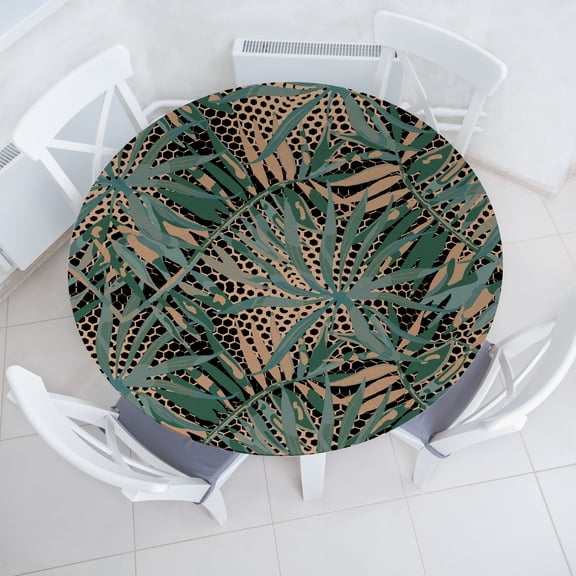 Ambesonne Greenery Leaves Fitted Round Tablecloth, Palm Leaf Pattern, 36"- 40" Diameter, Camel Peacock Green Black