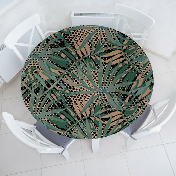 Ambesonne Greenery Leaves Fitted Round Tablecloth, Palm Leaf Pattern, 45"- 56" Diameter, Camel Peacock Green Black