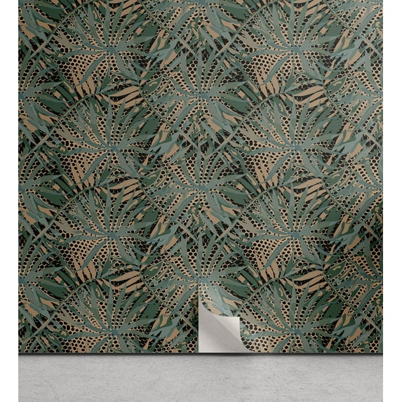 Ambesonne Greenery Leaves Peel & Stick Wallpaper for Home, Palm Leaf Pattern, 13"x72", Camel Peacock Green Black