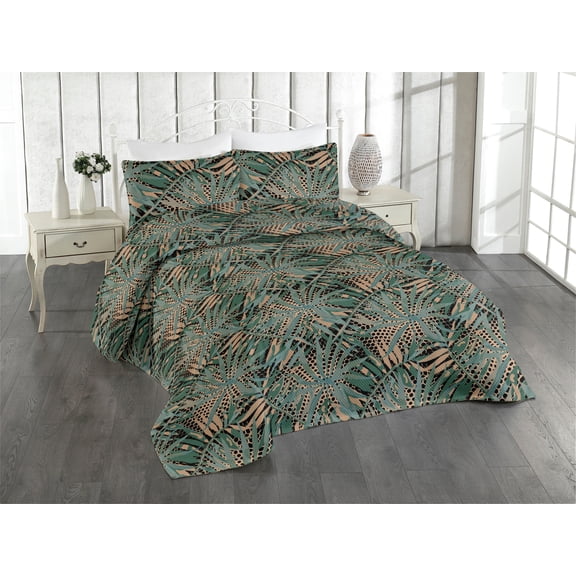 Ambesonne Greenery Leaves Quilted Bedspread Set 3 Pcs, Palm Leaf Pattern, King, Camel Peacock Green Black