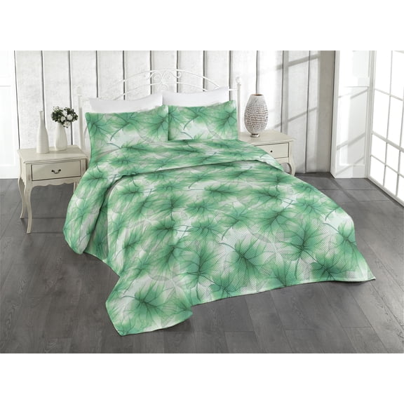 Ambesonne Greenery Quilted Bedspread Set 3 Pcs, Lotus Leaves Pattern Art, King, Shamrock Green
