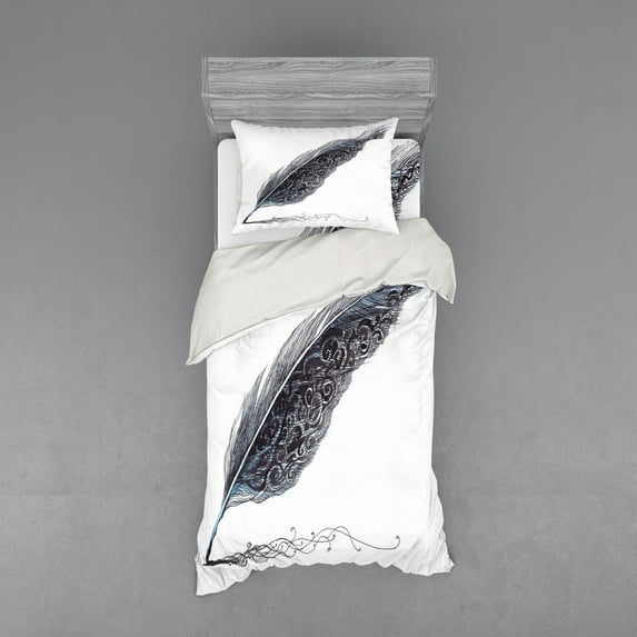 Ambesonne Grey Bedding Set 3 Pcs, Antique Feather Pen Art, Twin XL, Grey Black