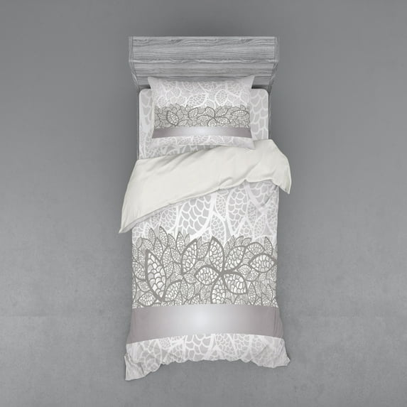 Ambesonne Grey Bedding Set 3 Pcs, Lace Inspired Floral, Twin XL, Grey Pale Grey White