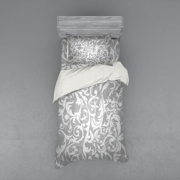 Ambesonne Grey Bedding Set 3 Pcs, Victorian Leaf Flowers, Twin, Grey