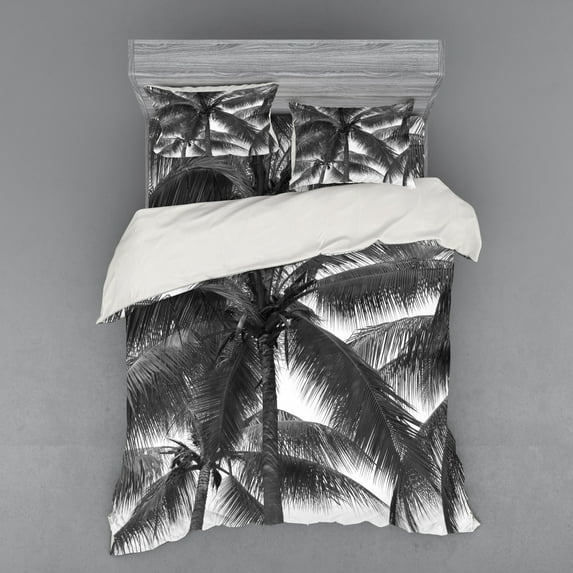 Ambesonne Grey Bedding Set 4 Pcs, Coconut Palms Tropical, Queen, Black