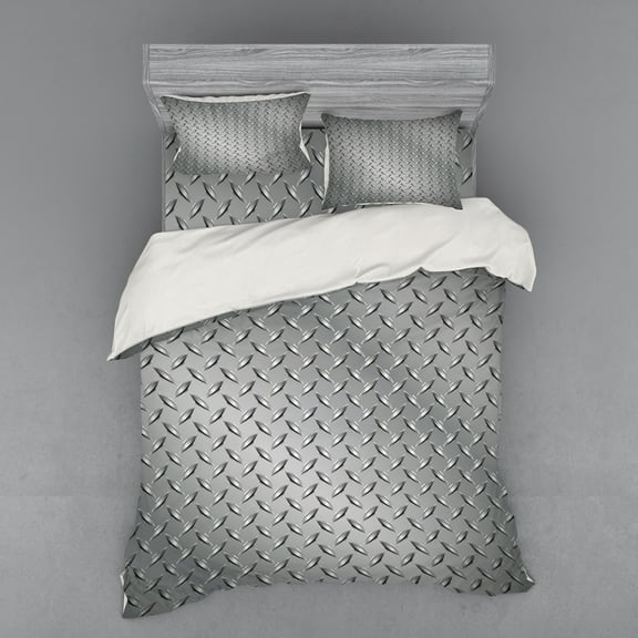 Ambesonne Grey Bedding Set 4 Pcs, Diamond Plate Effects, Queen, Grey