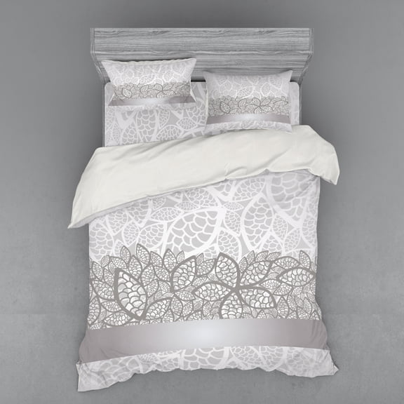 Ambesonne Grey Bedding Set 4 Pcs, Lace Inspired Floral, Queen, Grey Pale Grey White