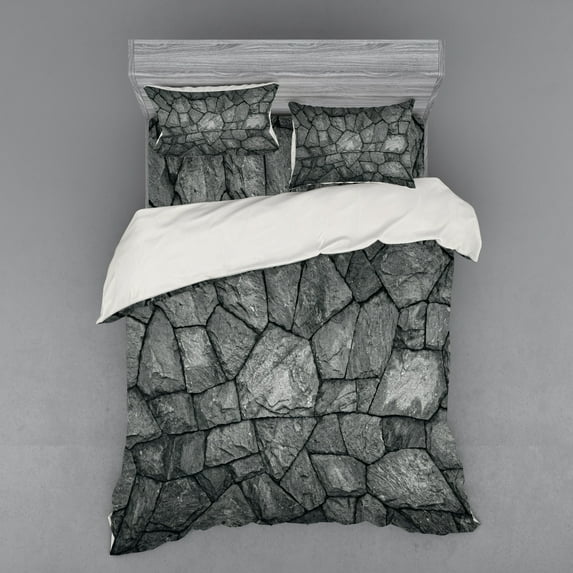 Ambesonne Grey Bedding Set 4 Pcs, Stone Wall Rough Rusty, Queen, Grey