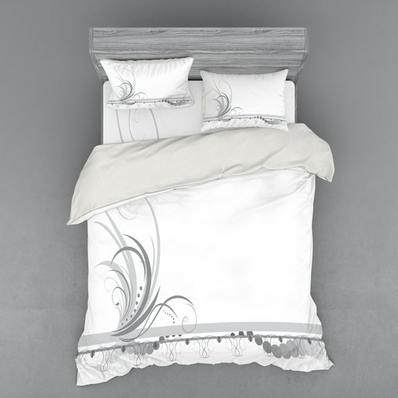 Ambesonne Grey Bedding Set 4 Pcs, Swirls Ornament, Queen, Pale Grey White