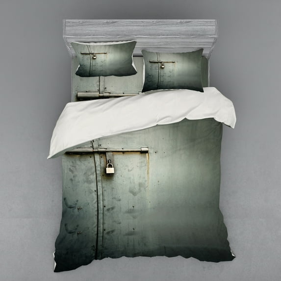Ambesonne Grey Bedding Set 4 Pcs, Warehouse Store Door Lock, Queen, Charcoal Grey