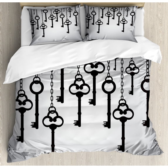 Ambesonne Grey Black Duvet Cover Sets, Shadow of Old Keys, 2-King, Pale Grey Black