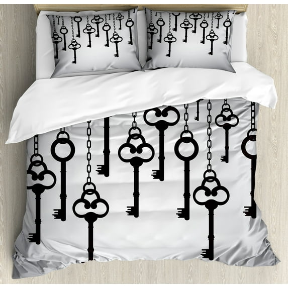 Ambesonne Grey Black Duvet Cover Sets, Shadow of Old Keys, 2-Queen, Pale Grey Black