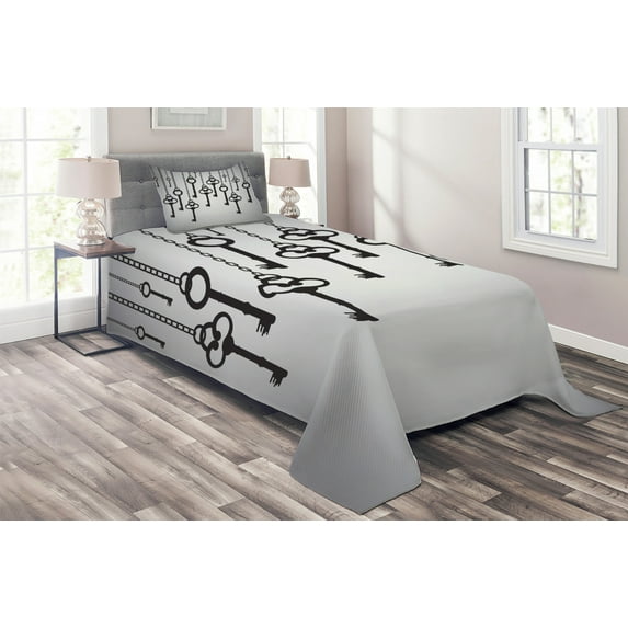 Ambesonne Grey Black Quilted Coverlet 2 Pcs, Shadow of Old Keys, Twin Size, Pale Grey Black