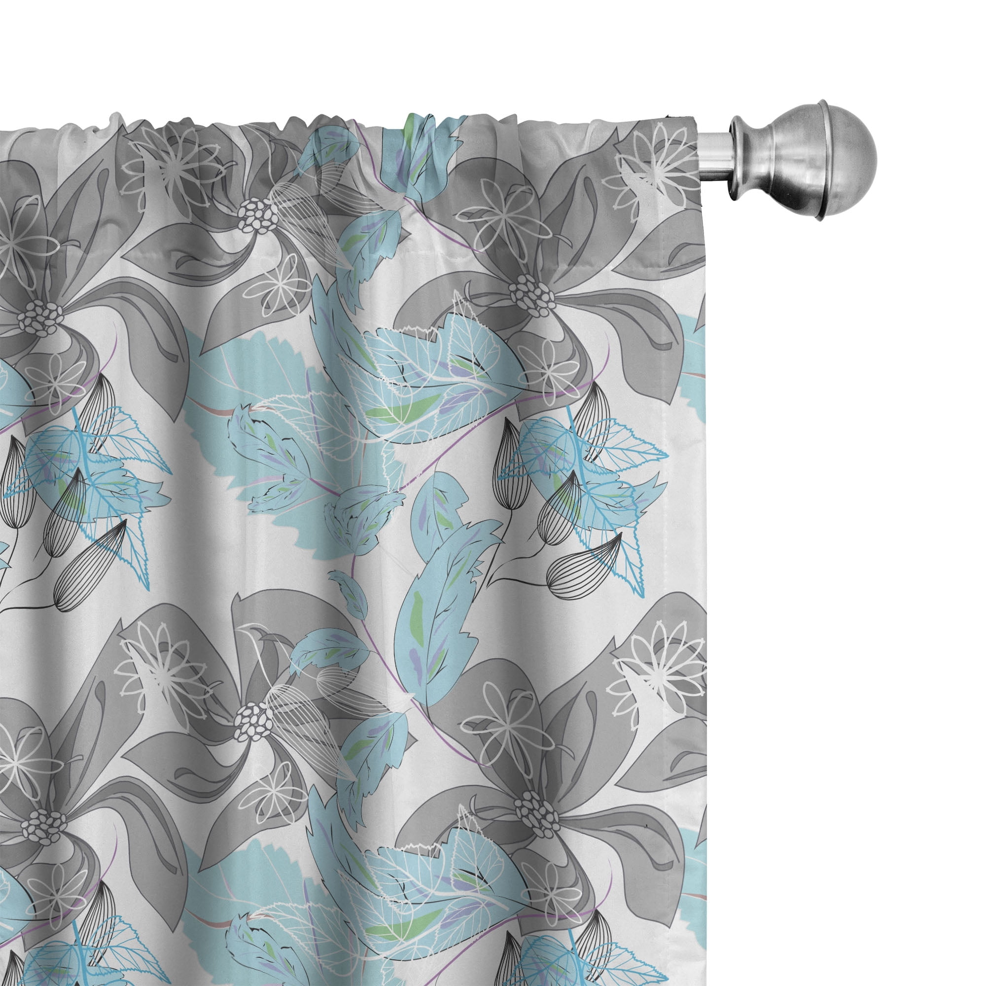 Floral Gray and Blue Semi-Sheer Microfiber Curtain Panels, 28" x 95"