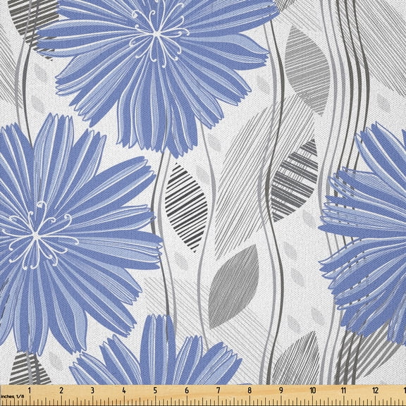 Ambesonne Grey Blue Fabric by the Yard Microfiber, Cornflower Blossom, 1 Yard, Violet Blue and Grey
