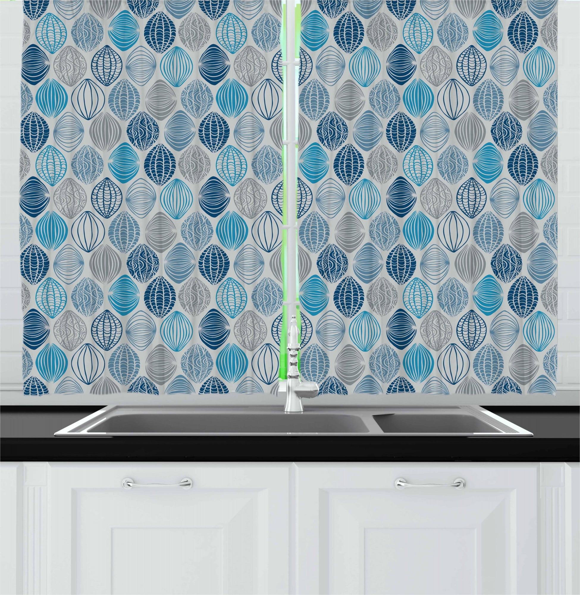 Ambesonne Grey Blue Kitchen Curtains, Round Shapes Design, 55"x45", Pale Blue Navy Blue and Grey ...