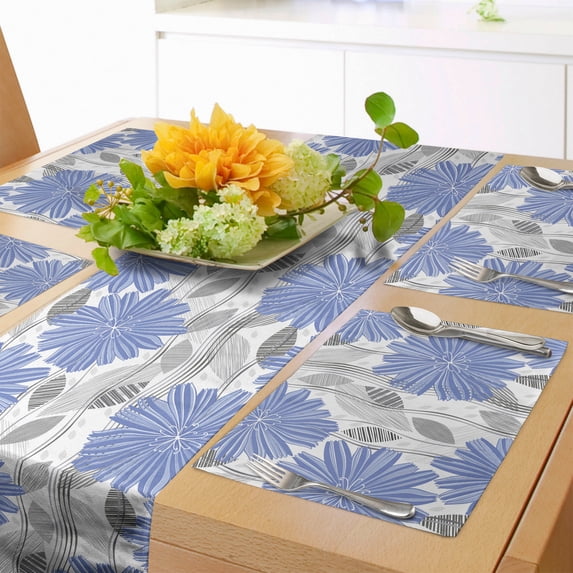 Ambesonne Grey Blue Table Runner & Placemats, Cornflower Blossom, Placemat 4 pcs + Runner 16"x72", Violet Blue and Grey