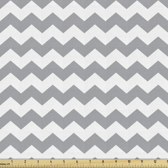 Ambesonne Grey Chevron Fabric by the Yard Upholstery, Zig Zag Tile Mosaic, 2 Yards, White Pale Grey