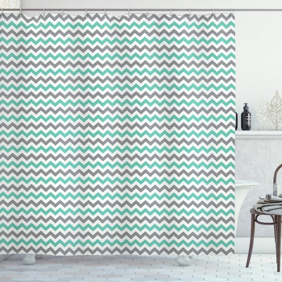 Ambesonne Grey Chevron Shower Curtain, Herringbone Art Deco, 69"Wx75"L, Sea Green and Grey