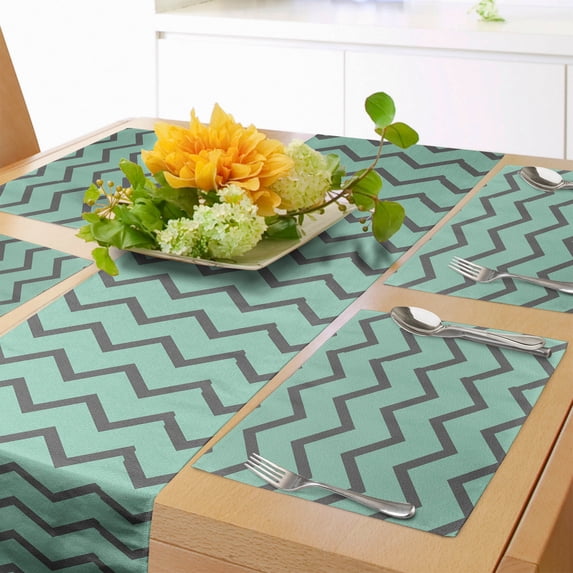 Ambesonne Grey Chevron Table Runner & Placemats, Minimalist Retro Style, Placemat 4 pcs + Runner 16"x90", Mint Green Grey