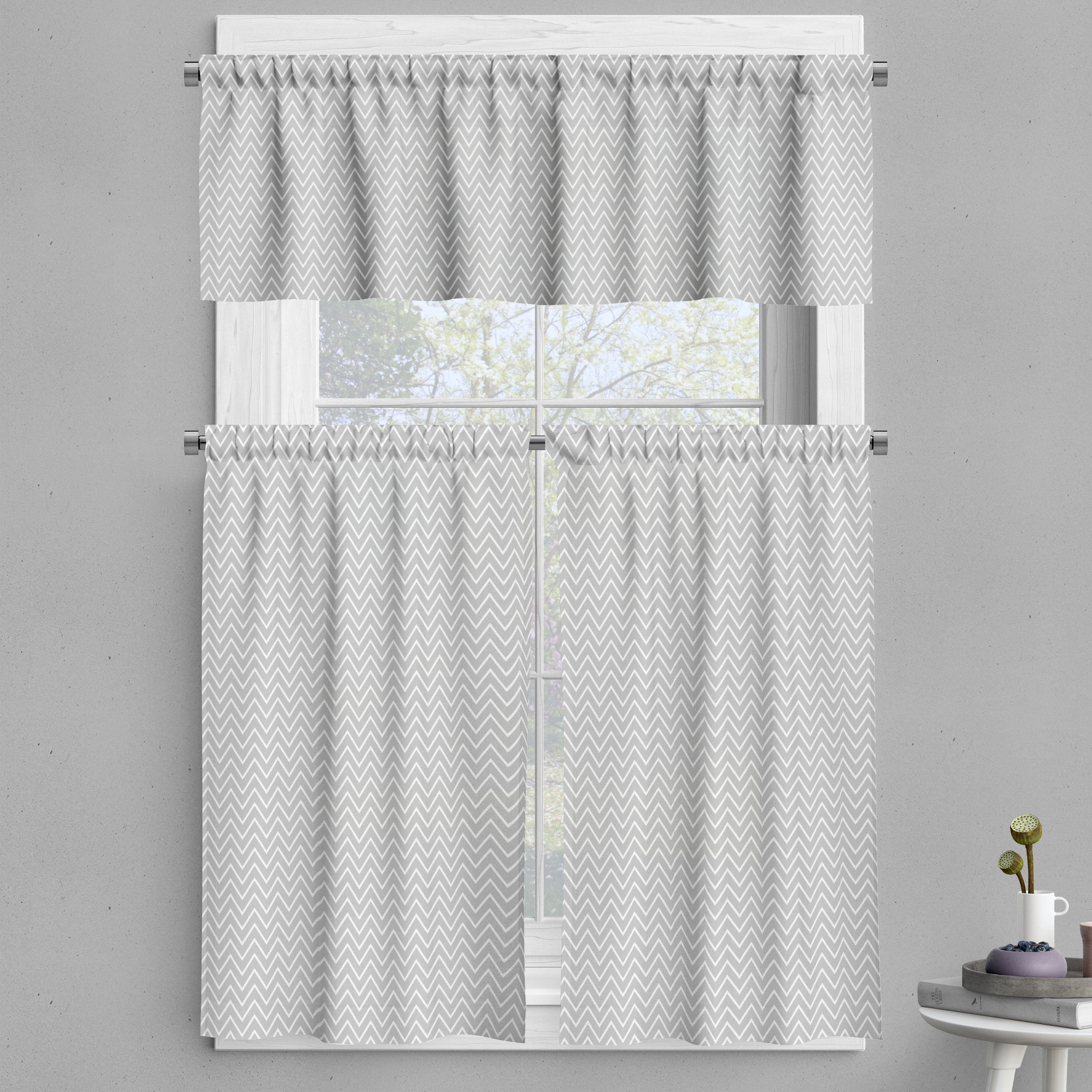 Ambesonne Grey Chevron Valance & Curtain, Modern Minimalistic, 55"x45
