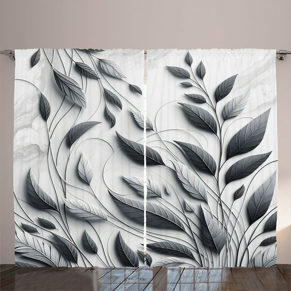 Ambesonne Grey Curtains 2 Panel Set, Autumnal Leaves Melancholic, 108" x 90", Purpleblue Coconut