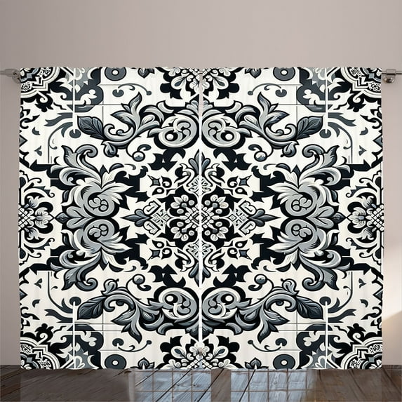 Ambesonne Grey Curtains 2 Panel Set, Classic Damask Motif Leaves, 108" x 84", Purpleblue Dark Sea Green