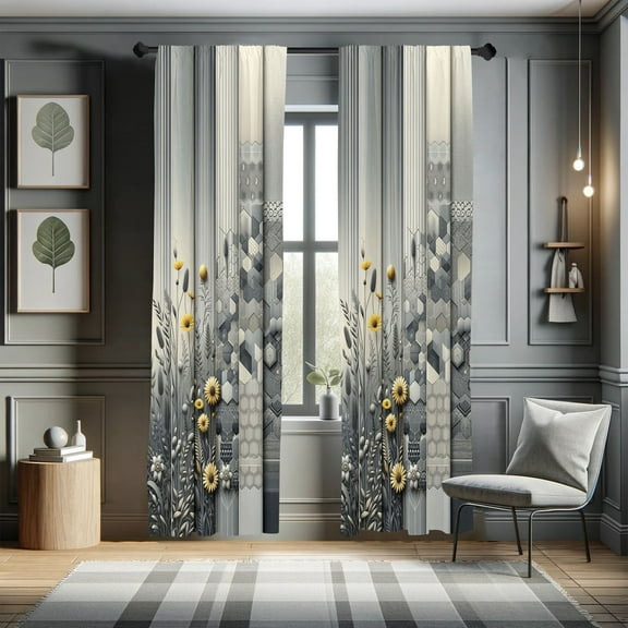 Ambesonne Grey Curtains 2 Panel Set, Geometric Flourishing Motif, Pair of - 28" x 63", Dimgray Yellow and Blue