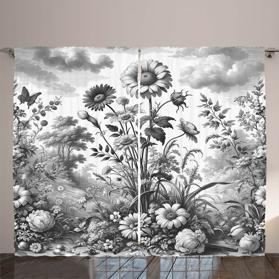 Ambesonne Grey Curtains 2 Panel Set, Monochrome Leafy Sunflowers, 108" x 108", Dark Sepia Pearl