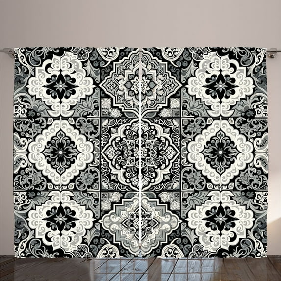 Ambesonne Grey Curtains 2 Panel Set, Oriental Trippy Moroccan Print, 108" x 90", Off White Dimgray
