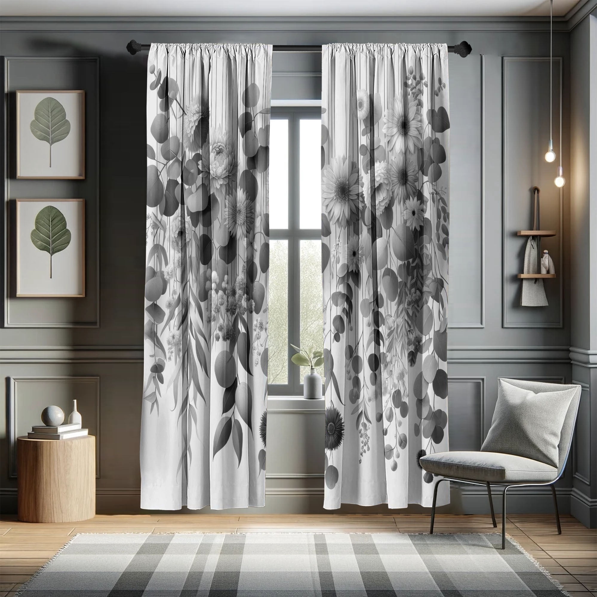 Ambesonne Grey Curtains, Modern Futurist Leafy Floral, Pair of 28"x95 ...