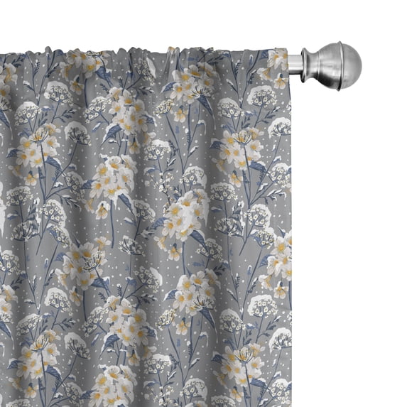 Ambesonne Grey Design Curtains, Snowy Flowers Leaves, Pair of 28"x95", Earth Yellow and Ceil Blue