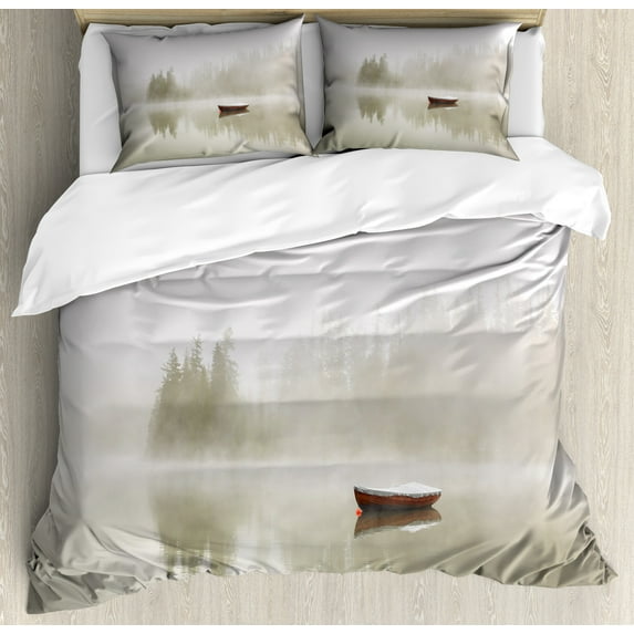 Ambesonne Grey Duvet Cover Sets, Boat on Lake Nature, 2-King, Eggshell Brown Orange