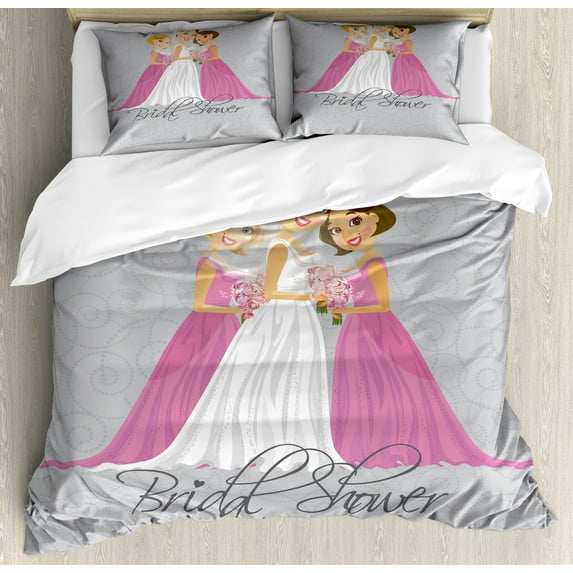 Ambesonne Grey Duvet Cover Sets, Bridesmaid Swirls, 2-King, Grey Pink and White