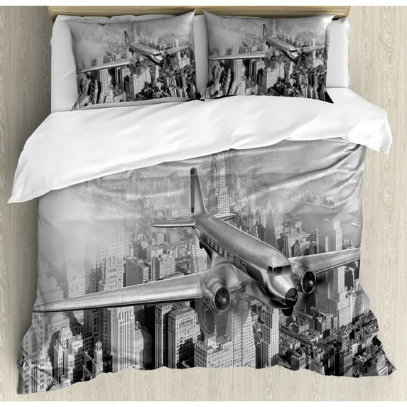 Ambesonne Grey Duvet Cover Sets, Flying Plane on New York, 2-King, Black and White