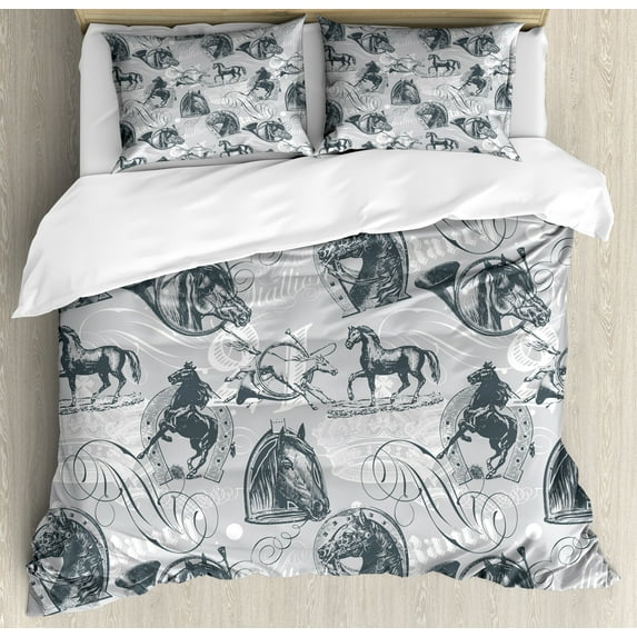 Ambesonne Grey Duvet Cover Sets, Horse Royal Animal Retro, 2-King, Grey White