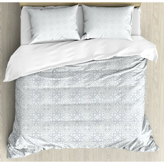 Ambesonne Grey Duvet Cover Sets, Neutral Floral Vintage Motif, 2-Queen, White and Grey