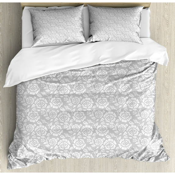 Ambesonne Grey Duvet Cover Sets, Vintage Flowers, 2-Queen, Pale Green