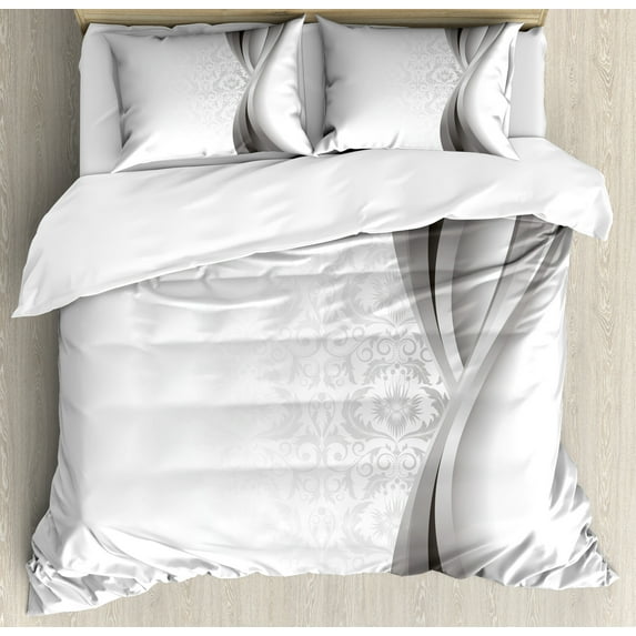 Ambesonne Grey Duvet Cover Sets, Wavy Stripes and Flowers, 2-Queen, Grey Pale Grey White