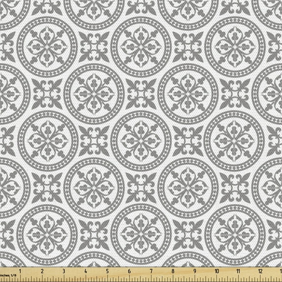 Ambesonne Grey and White Fabric by the Yard Upholstery, Old Mosaic Circles, 1 Yard, Grey White