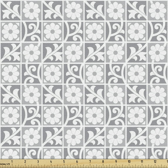 Ambesonne Grey Fabric by the Yard Upholstery, Royal Floral Ornaments, 2 Yards, White Grey